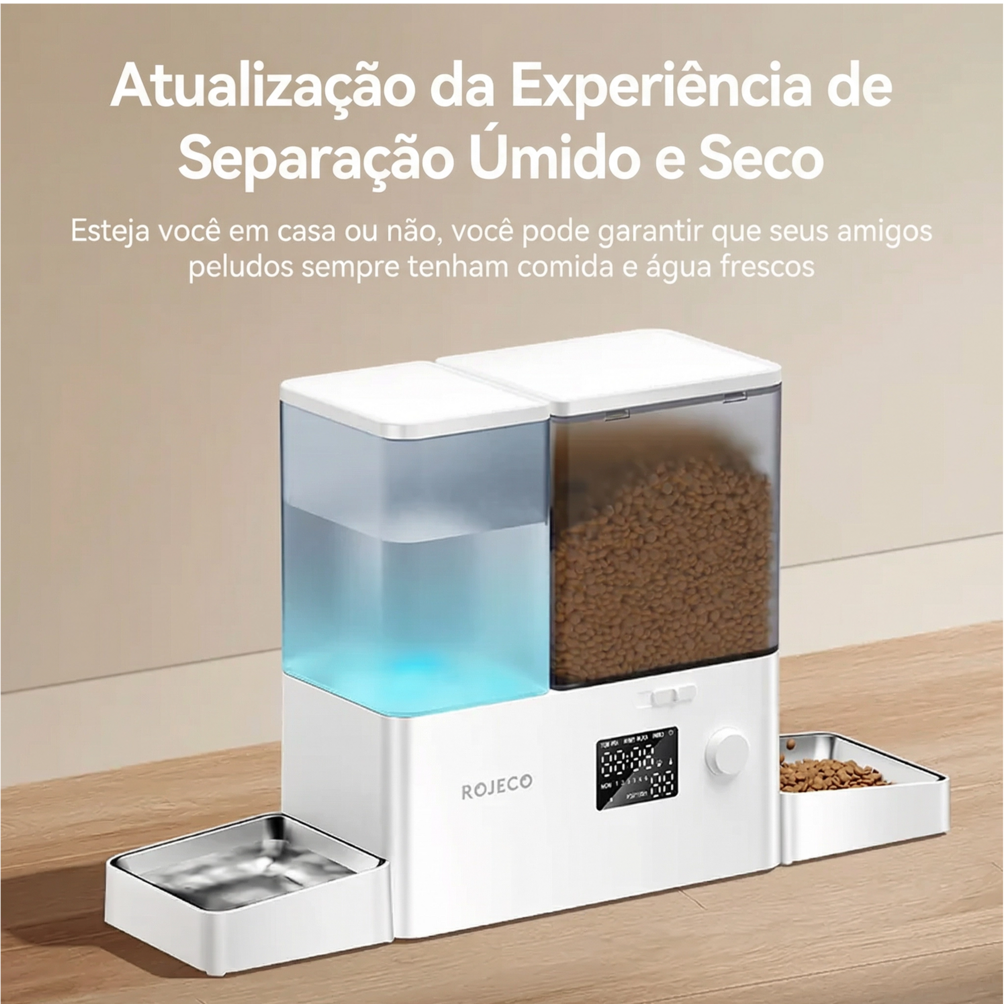 Detalhe do painel digital do alimentador automático para pets com timer e ajuste de porção