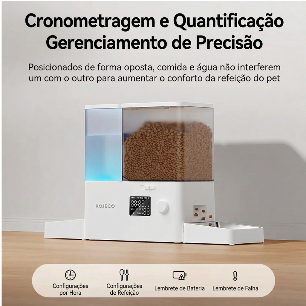 Alimentador automático para pets 2 em 1 em ângulo lateral mostrando design moderno e compacto