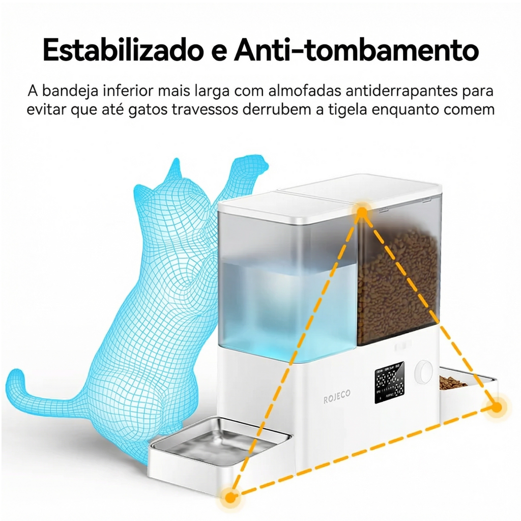 Embalagem do alimentador automático para pets Madrupet 2 em 1 com timer, destacando funcionalidades premium