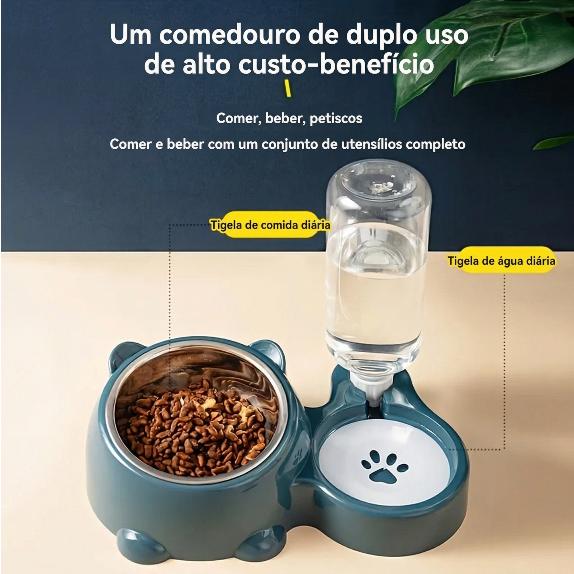Cachorro usando alimentador automático para cachorro e gato durante a alimentação diária