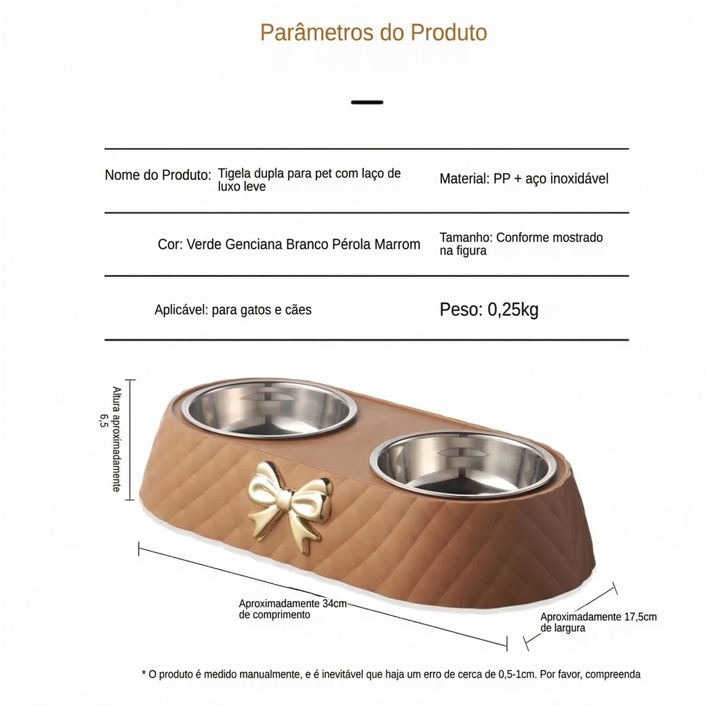 Conjunto de tigelas dupla para pets com acabamento matelassê e laço dourado, produto Madrupet