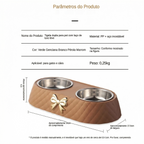 Conjunto de tigelas dupla para pets com acabamento matelassê e laço dourado, produto Madrupet