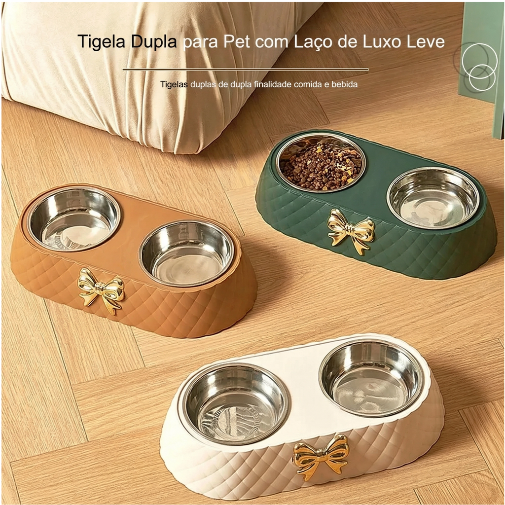 Tigela dupla para pets com design sofisticado e acabamento matelassê em tom neutro