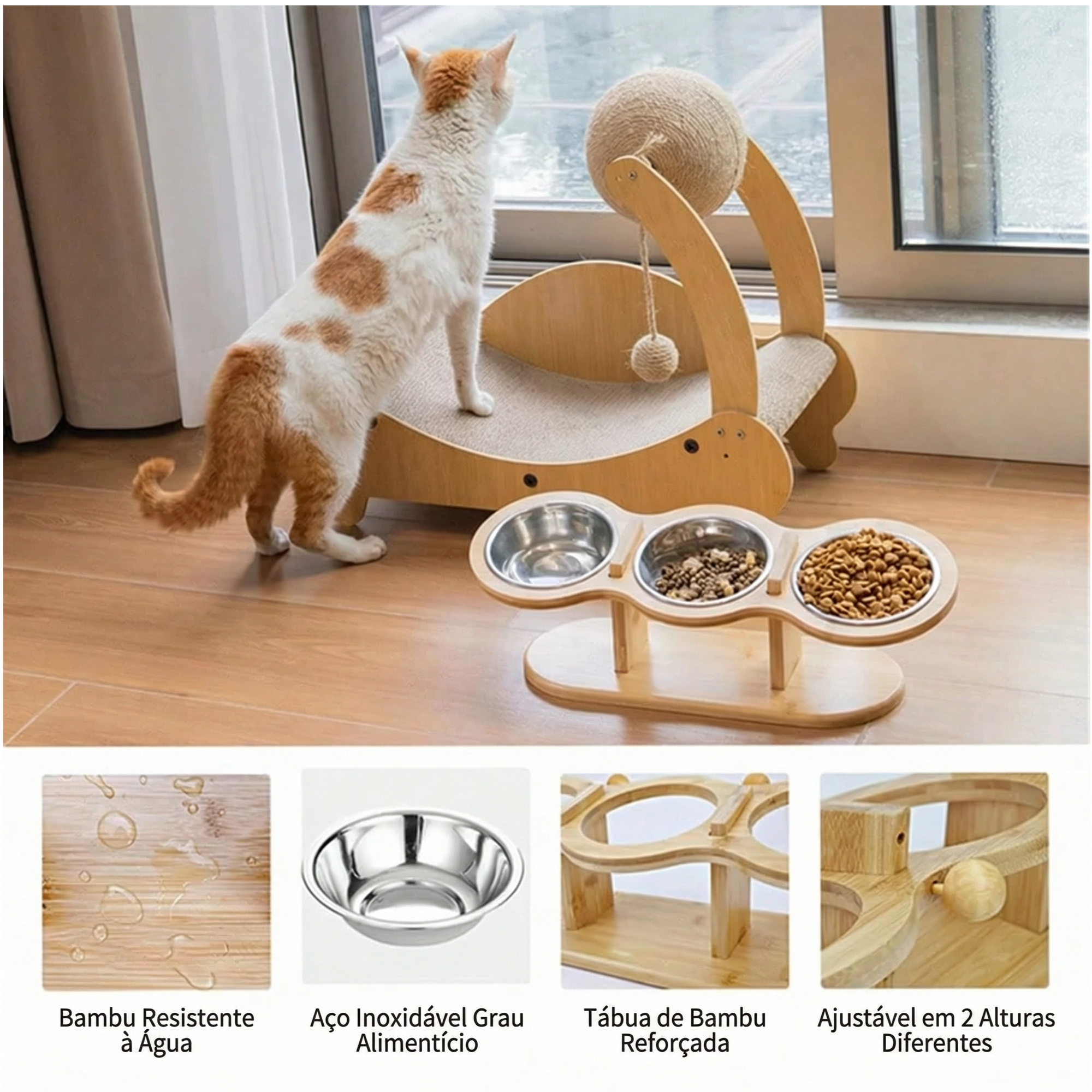 Comedouro alto para cachorro com suporte em madeira em ângulo inclinado para facilitar a alimentação