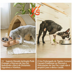 Comedouro alto inclinável para gatos e cachorros com tigelas inox e design ergonômico em ambiente de cozinha