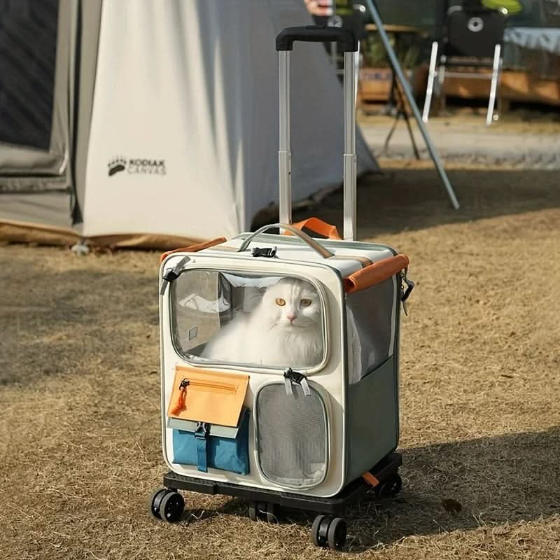 Detalhe das rodinhas da mala de transporte 3 em 1 para pets facilitando o transporte
