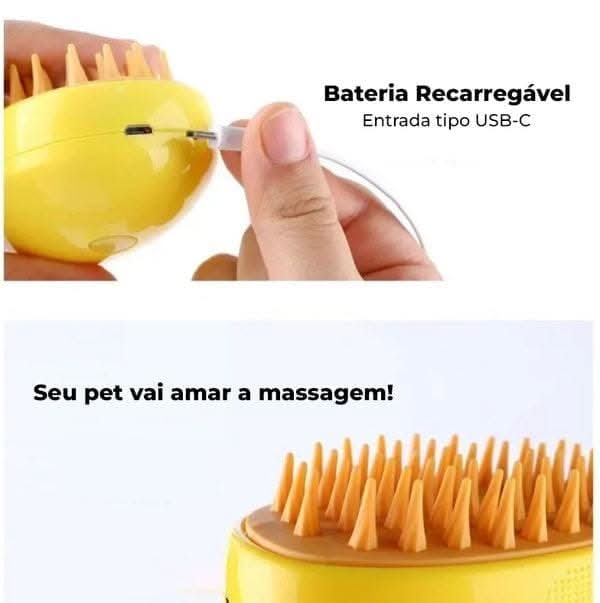 Embalagem da escova a vapor para pets destacando benefícios para cuidados com o pelo