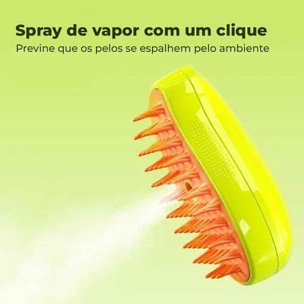 Visão lateral da escova a vapor para pets mostrando seu formato compacto e leve