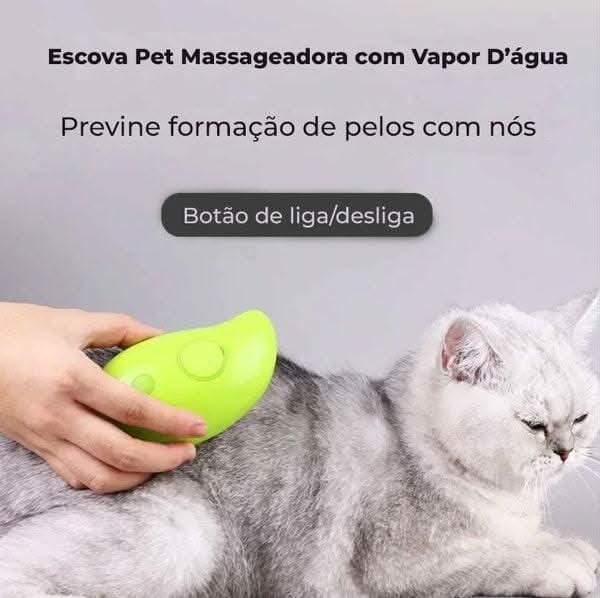 Escova a vapor para pets em uso com gato, facilitando a remoção dos pelos soltos