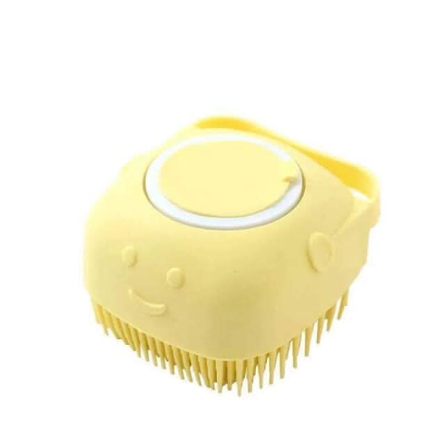Escova de banho para pets vista de lado mostrando o cabo ergonômico