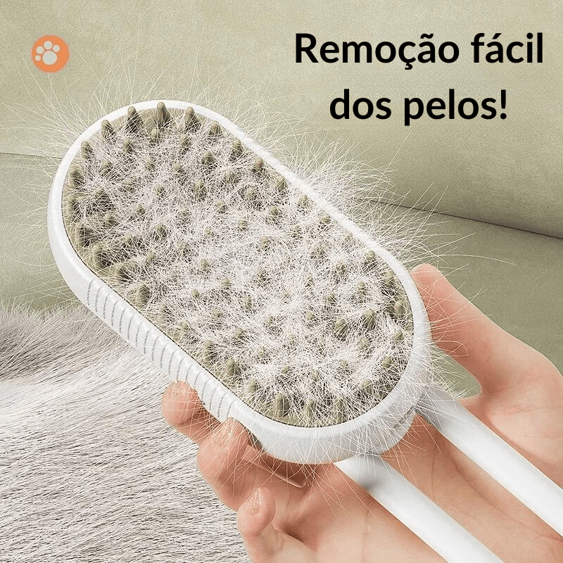Escova removedora de pelos para cães e gatos mostrando embalagem compacta e prática para transporte