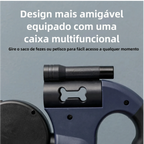 Dois cachorros passeando juntos com guia retrátil dupla com trava, facilitando o manejo do tutor