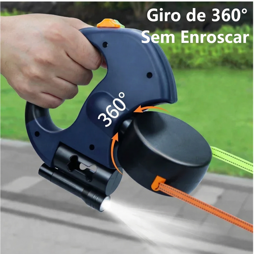 Detalhe da trava resistente da guia retrátil dupla para dois cachorros, garantindo segurança