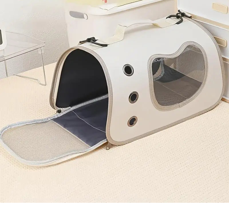 Detalhe do zíper resistente da bolsa compacta para transporte de pets pequenos