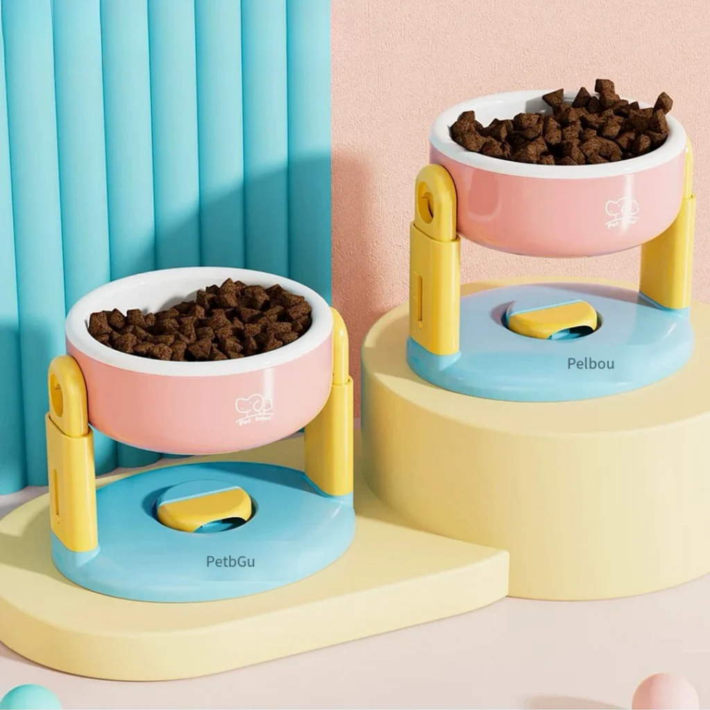 Comedouro elevado para gatos em cor cinza, com altura ajustável e design moderno para pet shop