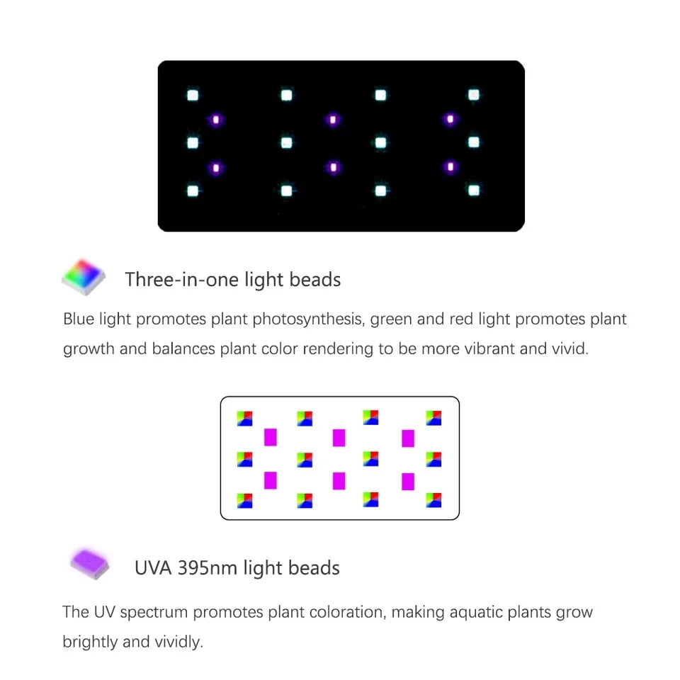 Aquário iluminado por luminária LED com base magnética, destacando peixes coloridos