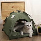 Toca quente para gatos com estrutura dobrável em tecido cinza, ideal para conforto térmico