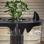 Peixe nadando dentro do aquário slim com ambiente limpo e decoração natural