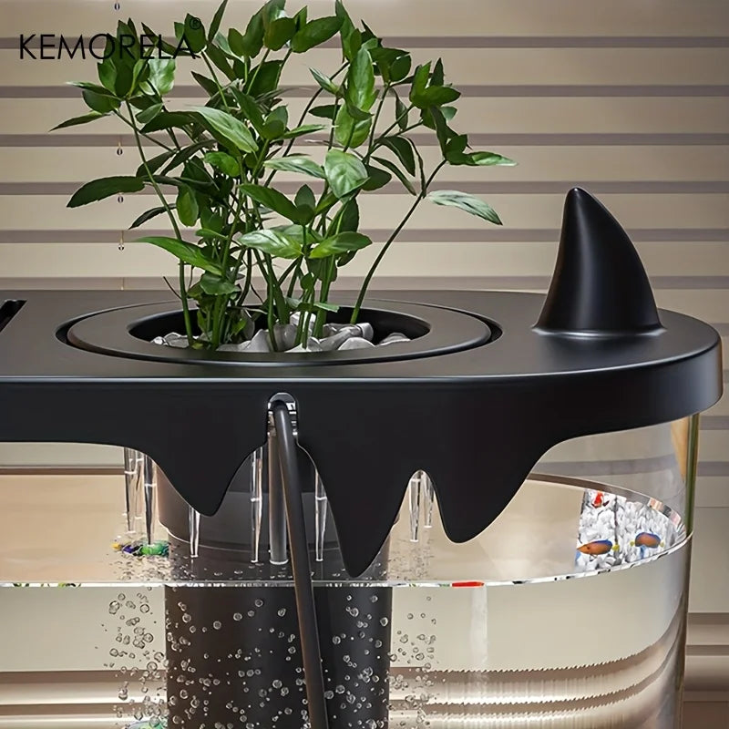 Peixe nadando dentro do aquário slim com ambiente limpo e decoração natural