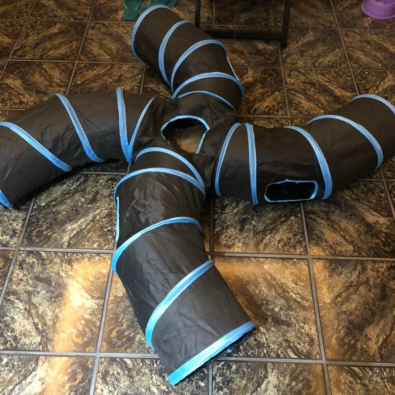 Visão lateral do túnel interativo para gatos mostrando as entradas amplas e seguras