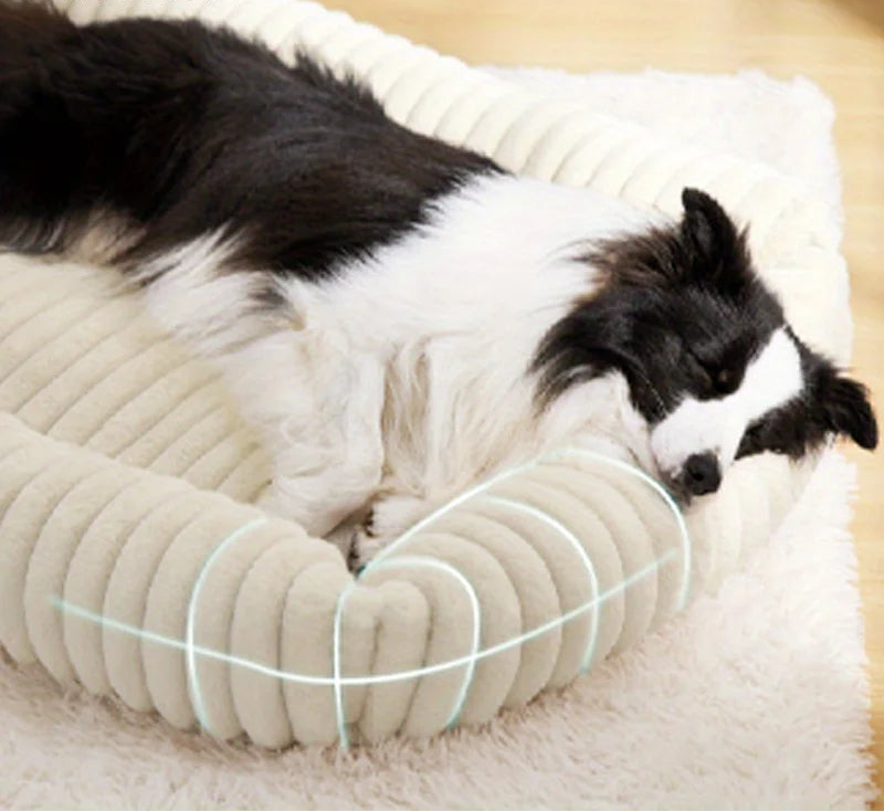 Cachorro descansando confortavelmente na cama ortopédica para pets, promovendo relaxamento e suporte