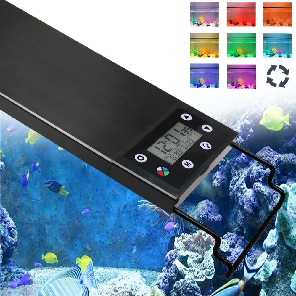 Luz LED Full Spectrum para aquário iluminando plantas aquáticas e peixes coloridos
