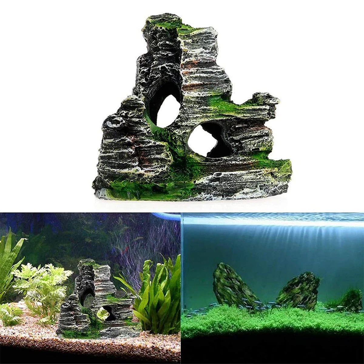 aquário decorado com ornamento Madrupet, caverna com musgo para conforto dos peixes