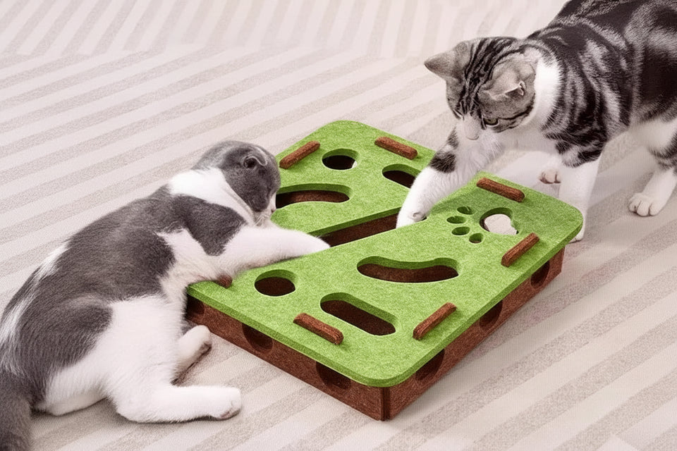 Caixa quebra-cabeça para gatos com compartimentos para estimular a mente felina