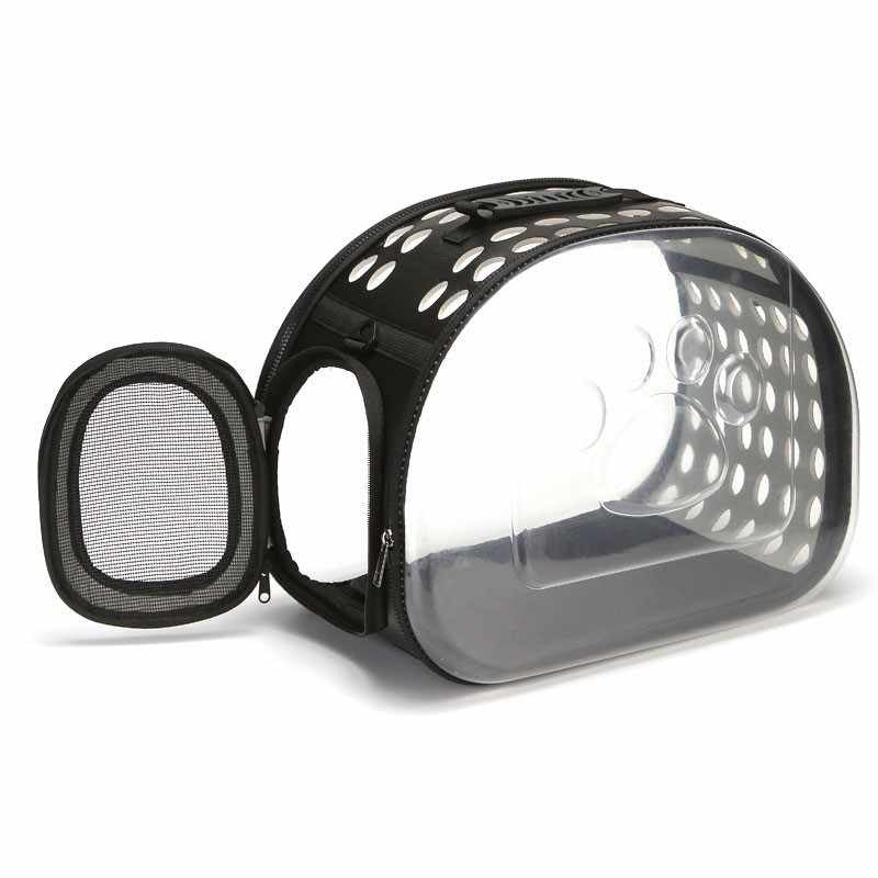 Visão superior da bolsa transparente para transporte de gatos com compartimento espaçoso