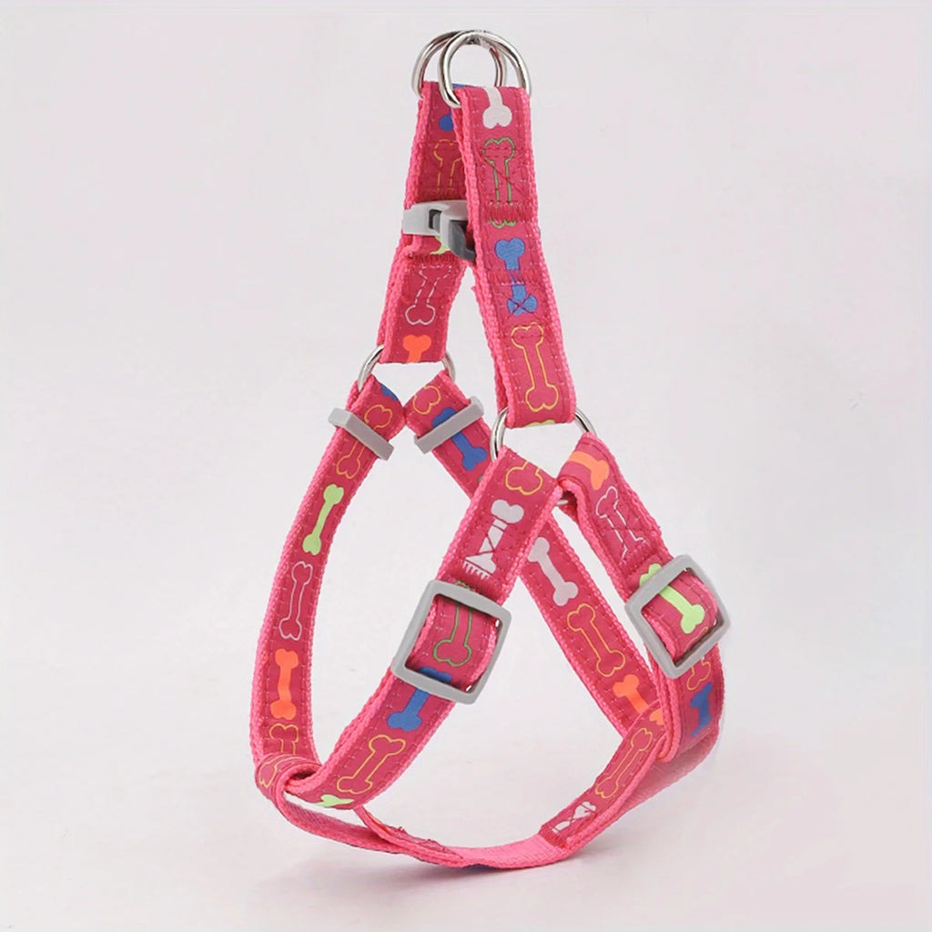 Peitoral para cachorro com design confortável e estampa divertida de ossinhos coloridos