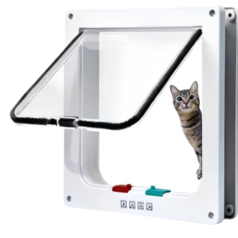Porta exclusiva para gatos instalada em porta de madeira garantindo liberdade segura ao pet