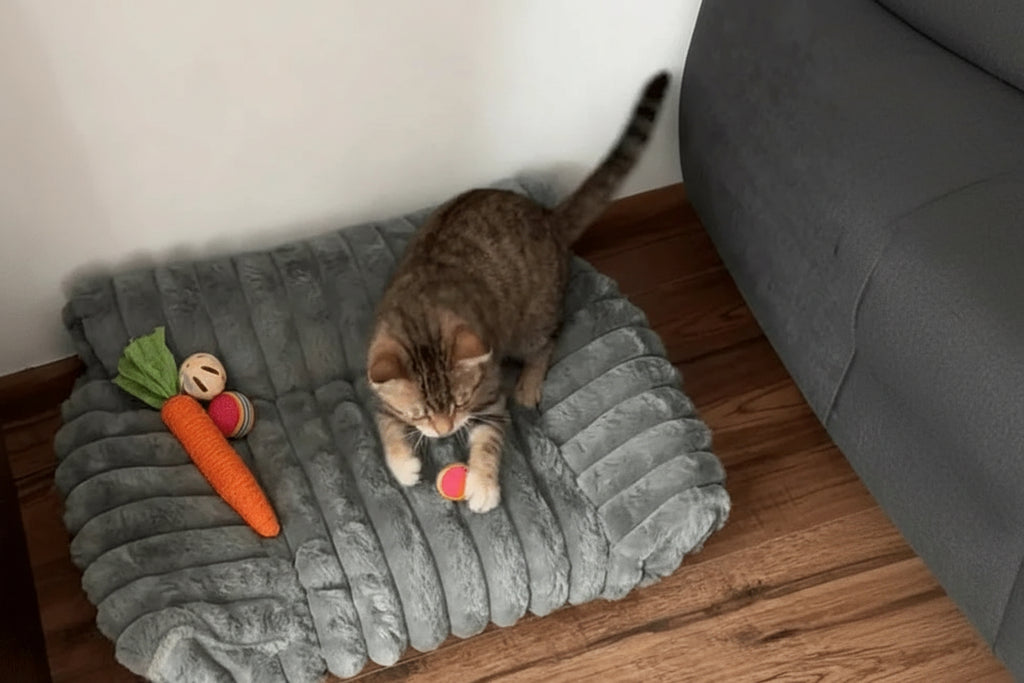 Cama sofá pet listrada em tamanho médio, ideal para cães e gatos de pequeno a médio porte