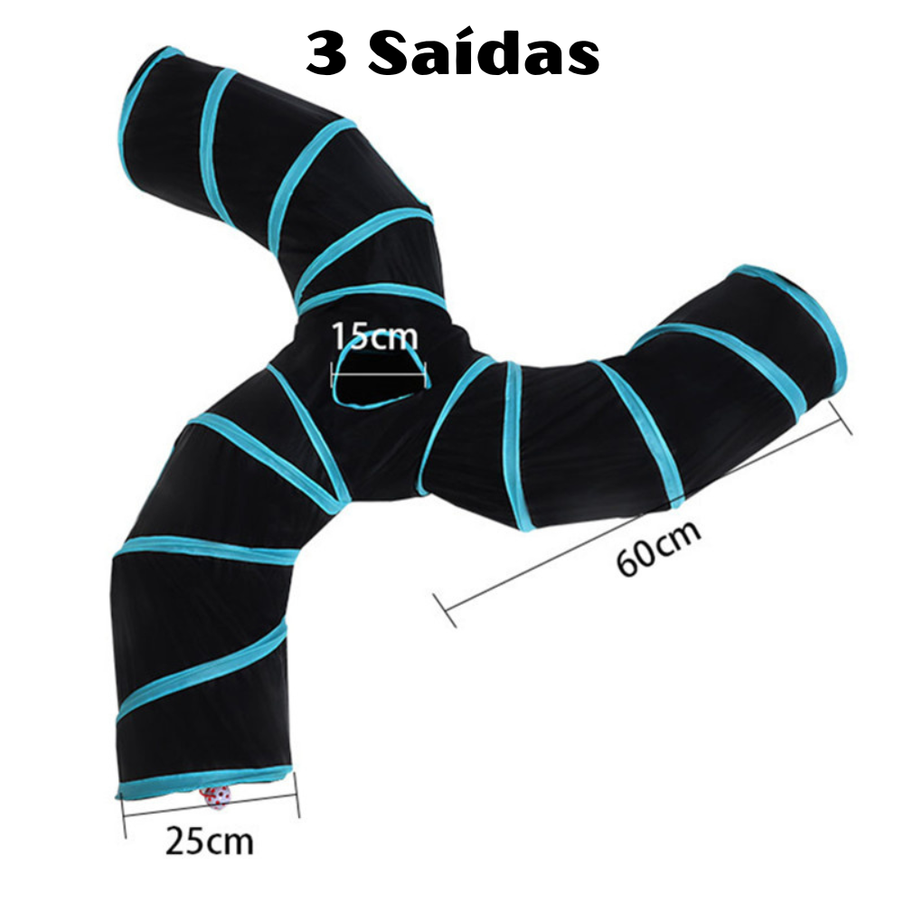 Túnel para gatos aberto em ambiente interno, ideal para estimular o instinto de caça