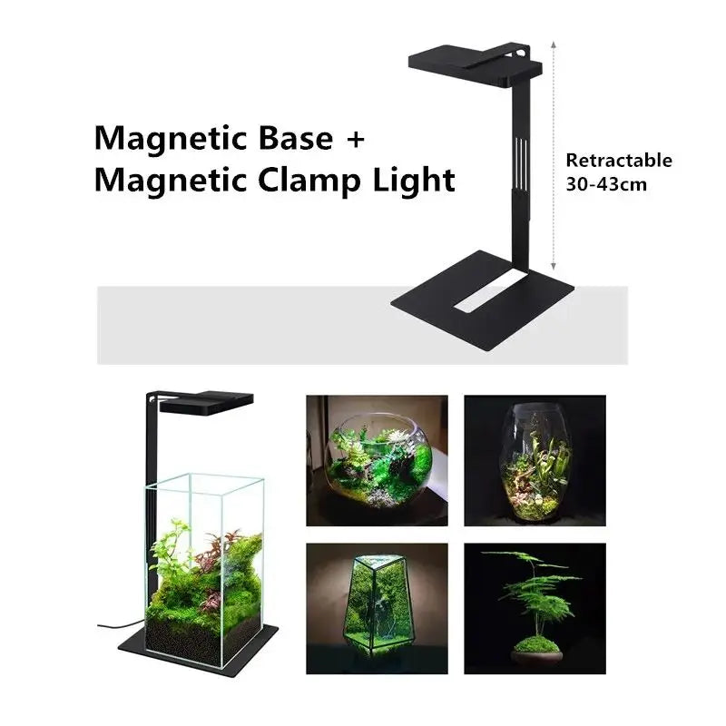 Luminária LED com base magnética instalada em aquário, proporcionando luz ideal para plantas