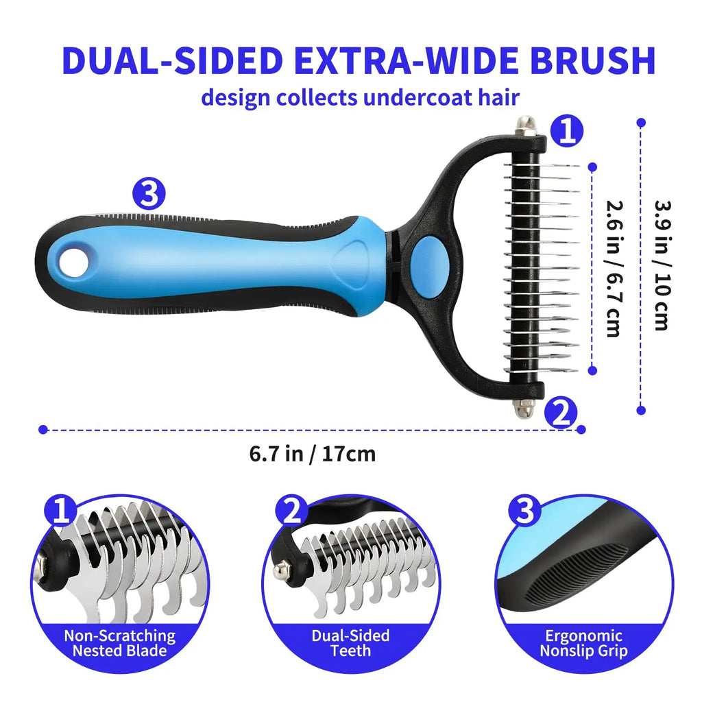 Escova desembaraçante profissional para pets em ângulo lateral mostrando design compacto e eficiente