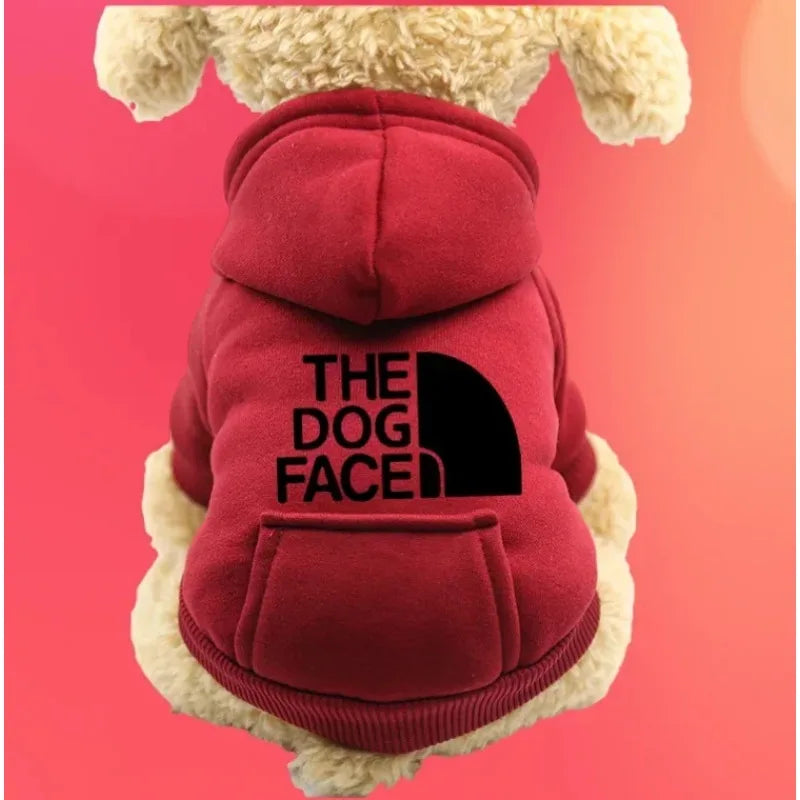 Cachorro usando moletom The Dog Face com capuz em passeio ao ar livre em dia frio