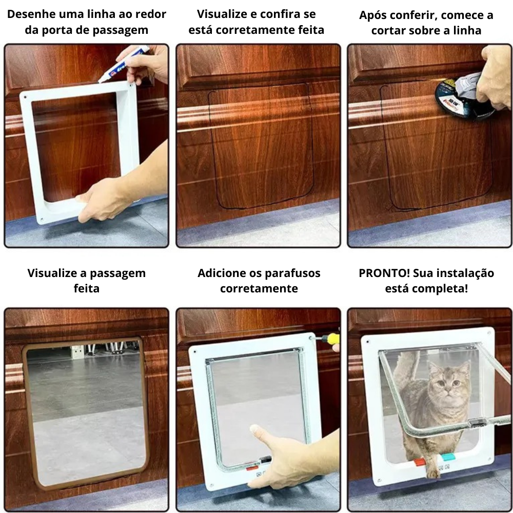 Gato relaxando próximo à porta exclusiva para gatos que garante liberdade com segurança