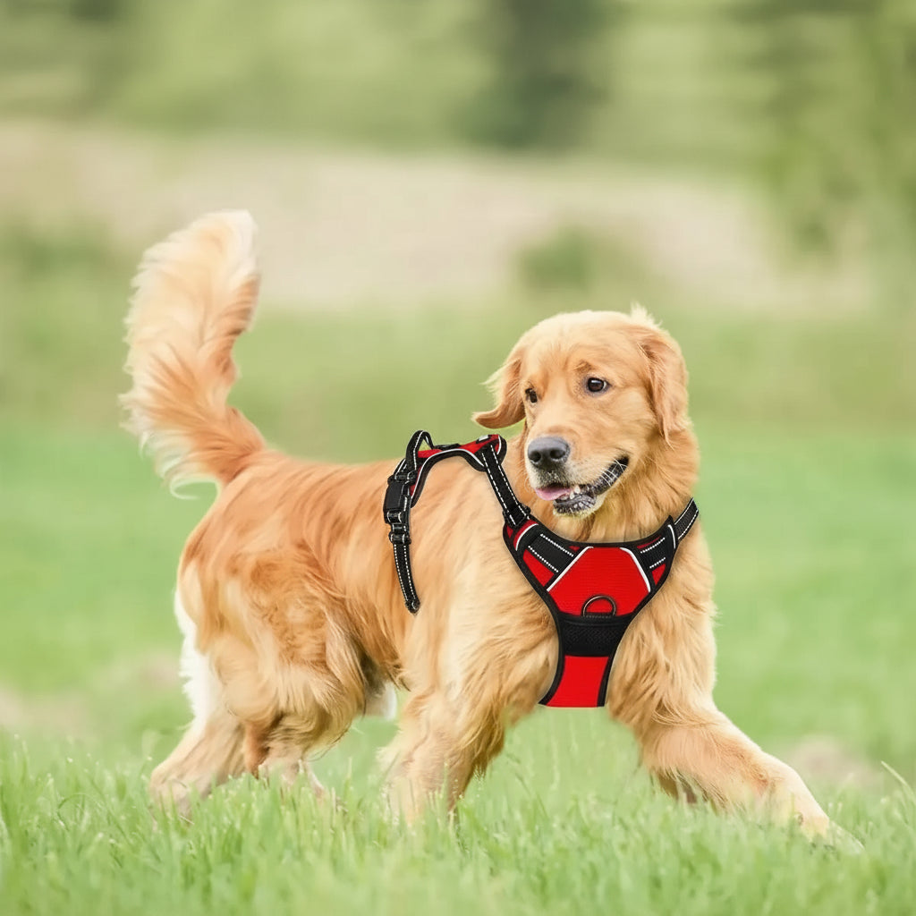 Cachorro usando peitoral ajustável com controle anti puxão durante caminhada