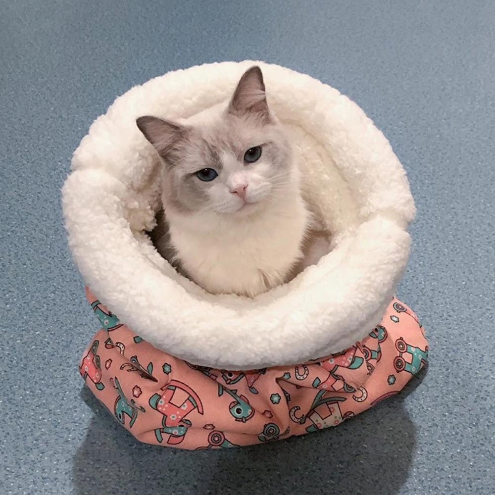 Gato saindo da cama saco para gatos, evidenciando fácil acesso e conforto