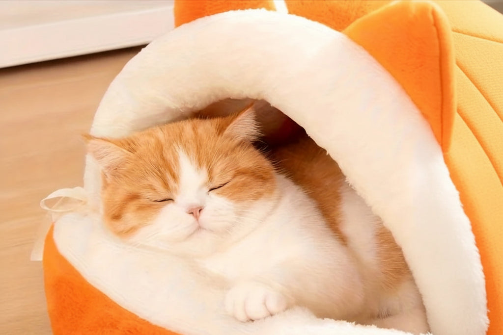Detalhe do tecido felpudo e costura reforçada da cama para gatos tipo ninho