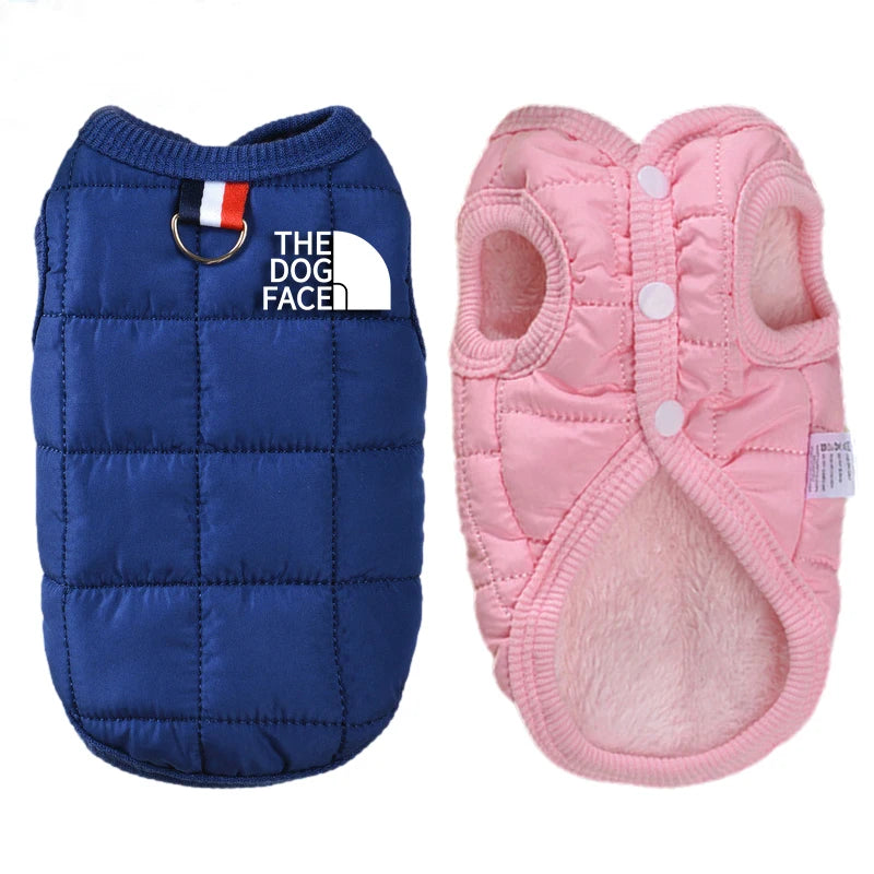 Casaco acolchoado puffer The Dog Face para cachorro azul e rosa — frente e forro sherpa — Madrupet