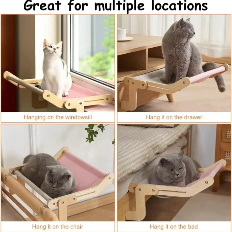 Gato relaxando na hamaca suspensa moderna com estrutura de madeira elevada, cama pet Madrupet