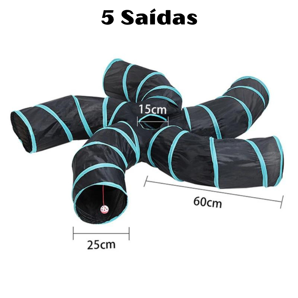 Gato brincando dentro do túnel interativo para gatos, estimulando o exercício e a diversão