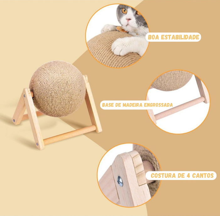 Gato brincando no arranhador bola para gatos Madrupet, promovendo diversão e proteção