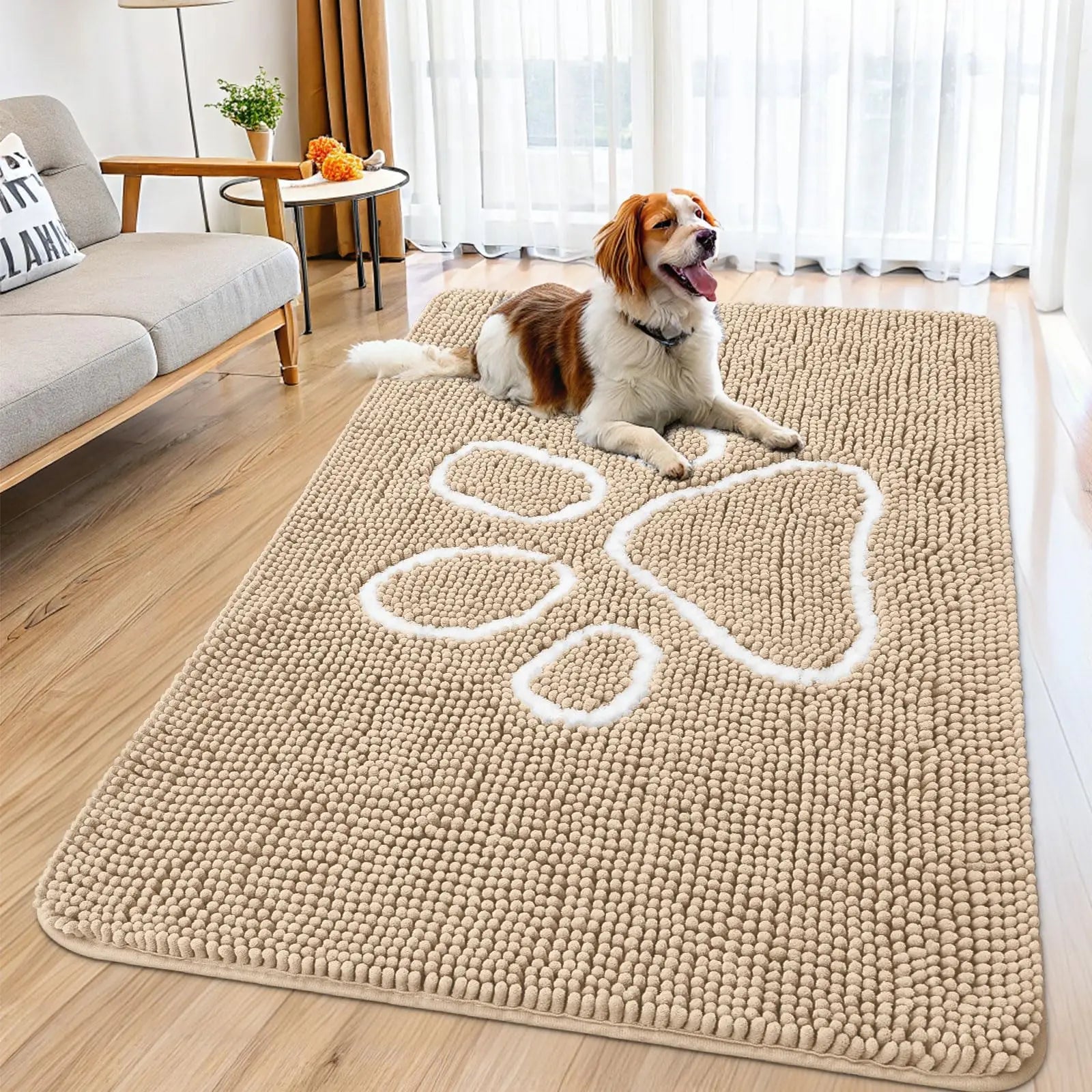 Tapete chenille antiderrapante para pets com retenção de sujeira em piso de casa