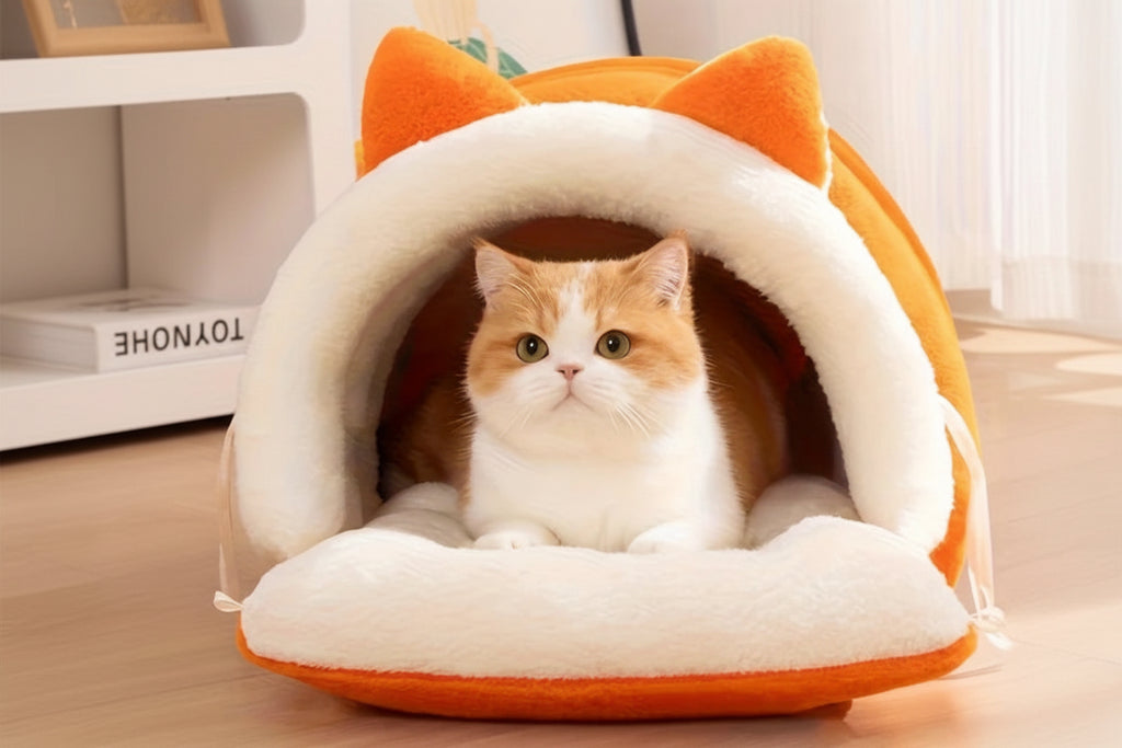Visão lateral da cama para gatos tipo ninho mostrando seu formato arredondado e macio