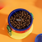 Visão lateral do comedouro elevado para gatos mostrando o mecanismo de ajuste de altura prático