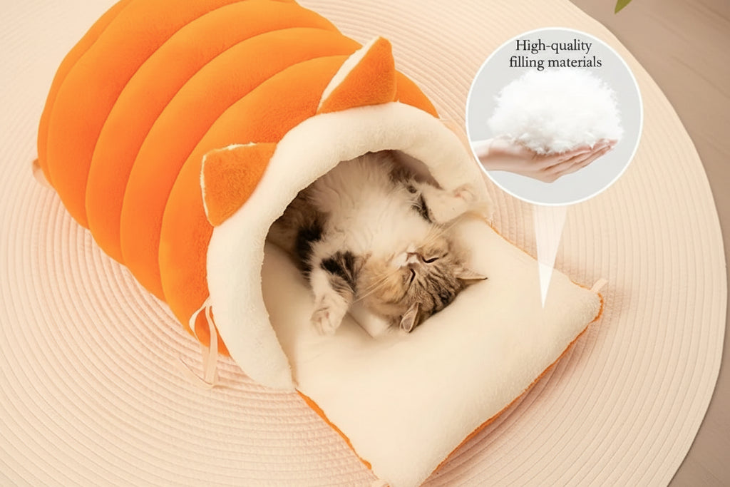 Cama para gatos tipo ninho na cor cinza com bordas altas para maior aconchego