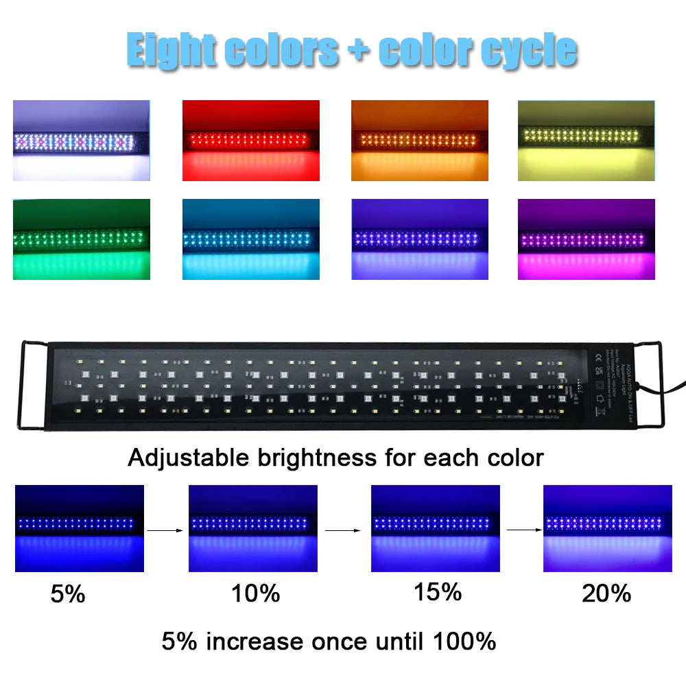 Aquário com plantas verdes vibrantes e peixes nadando sob luz LED Full Spectrum