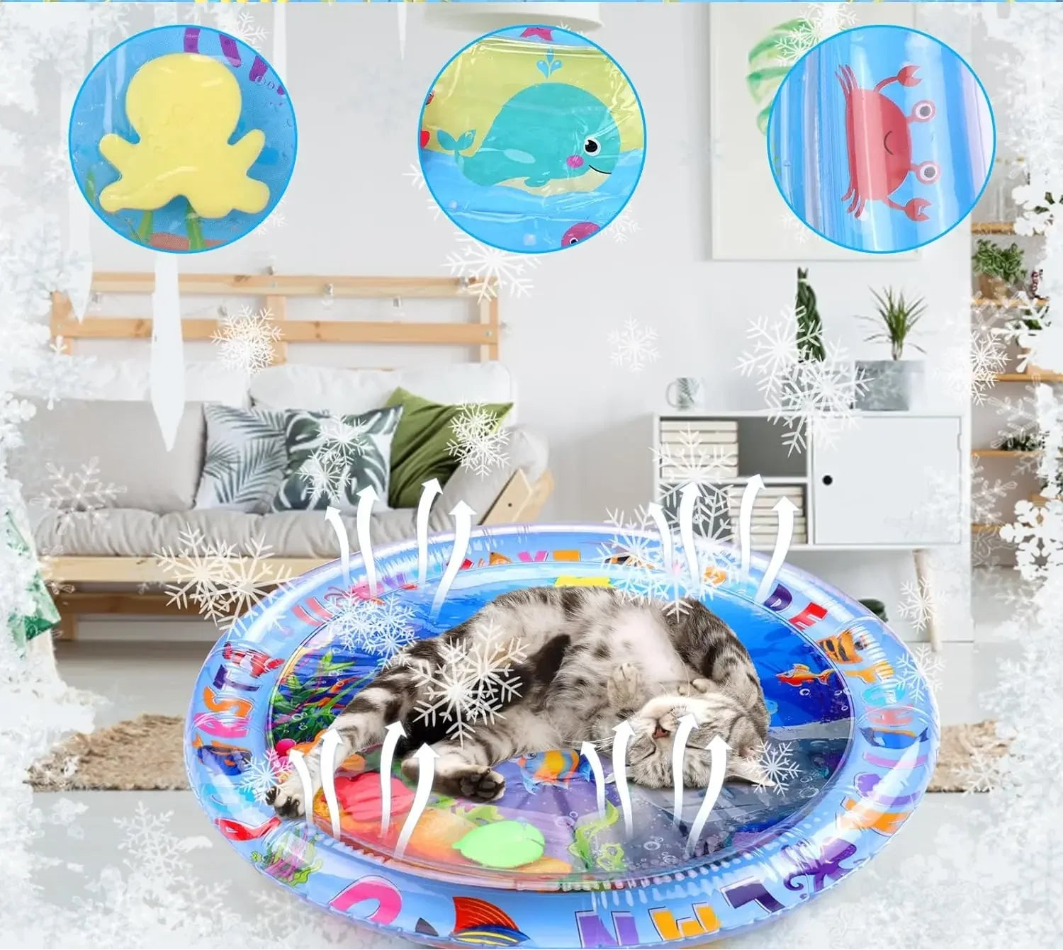 Cachorro brincando no tapete aquático sensorial, promovendo atividade física e mental